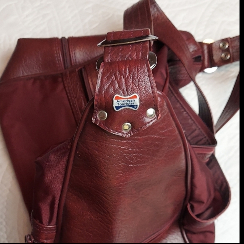 * American Tourister Burgundy Leather Shoulder Tote Bag Adjustable Strap Vintage